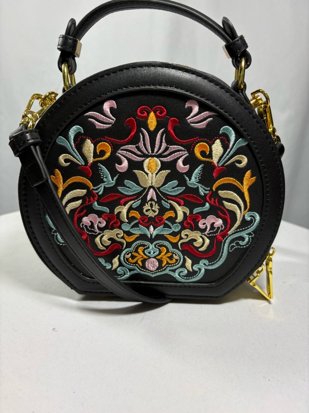 Black Embroidered Round Crossbody Bag - Multicolor Floral Design